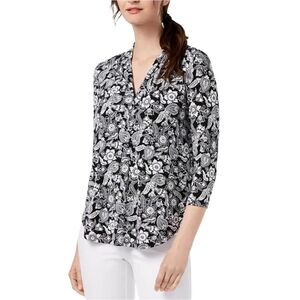Charter Club Black and White Paisley Floral Cropped Sleeve V-Neck Blouse XL